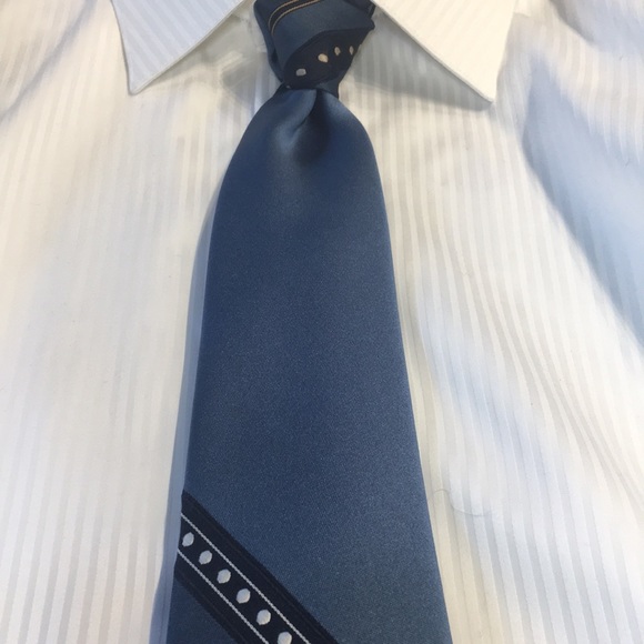 Oscar de la Renta Vintage blue polkadot diagonal striped blue white and gold tie - Picture 2 of 10